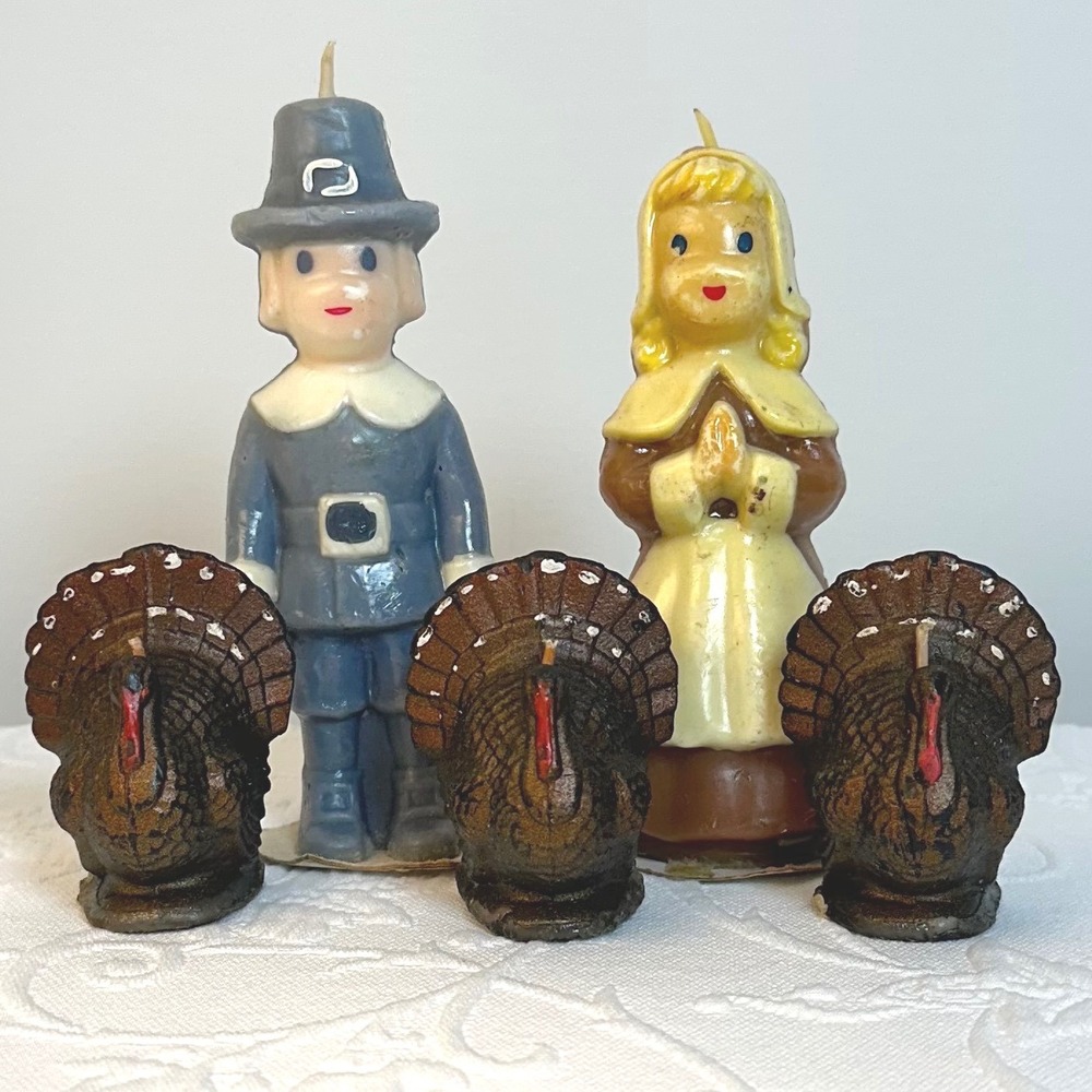 Vintage 1950s Thanksgiving Pilgrims and Turkeys Candle Set 5 Piece Fall Decor